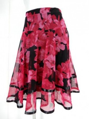 【sk878】社交ダンスミディアムロングスカート　裾テープ　裏付き　花柄ピンク