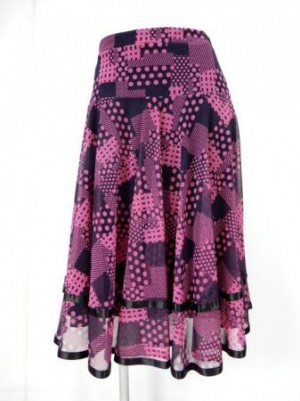 【sk885】社交ダンスミディアムロングスカート　裾テープ　裏付き　ピンクドットチェック