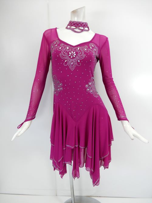 wp737】社交ダンス衣装 ギザギザ ワンピース ピンクパープル Lサイズ 